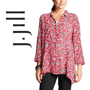 J. Jill, Red Floral Print Tunic Shirt Women Size L Long Sleeve Button Up Rayon